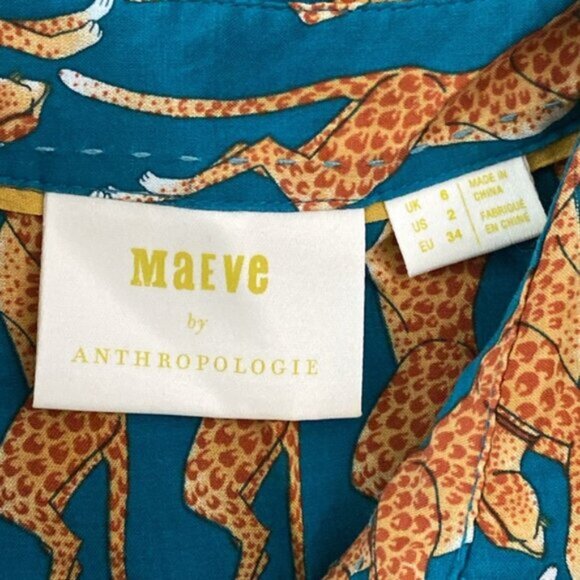 Maeve Anthropologie Cat Animal Print Button Down Womens 2 Green Blouse Shirt Top - Picture 3 of 11